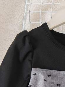 2pcs/Set Girls Casual Minimalist Long Sleeve Grey & Black Colorblock Dress - Black - View 4