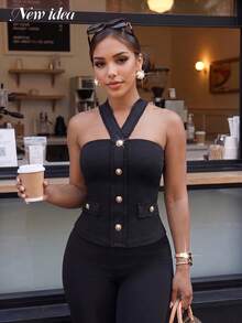 NEW IDEA Women's Elegant Fashion Black Summer Early Fall Two Pieces Set, Halter Top &High Waist Flare Pants For Daily Commute, Date, Night Out & Party - Black - View 4