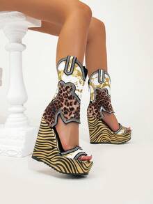 Women's Wedge Platform Sandals Boots, Black PU, Round Toe Open Toe With Cross Stud Decoration; Suitable For Party, Holiday, Outdoor; Multi-Functional, Height-Increasing, Waterproof - Multicolor - View 6