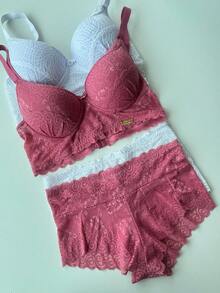 Conjunto Lingerie Plus Size Rendado Cropped  Lingerie Sensual Calcinha Alta Confortável - Rosa chiclete - Visão 3