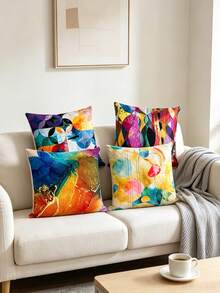 4pcs Set, Colorful Fluid Watercolor Geometric Color Block Print Pillow Covers, Living Room Sofa Art Decorative Throw Pillows, Printed Pattern, Hidden Zipper Closure, Skin-Friendly Durable Machine Washable, Pillow Inserts Not Included - Multicolor - View 4