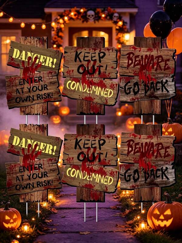 Halloween Outdoor Decor, Including Scary Yard Signs And Various Warning Signs, As Well As Scary Zombie Themed Party Decorations And Halloween Party Decorations