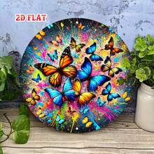 2D Flat Single-Piece Colorful Butterfly With Vibrant Ink Splatter Effect, Modern Art Round Sign With Bold Colors, Perfect For Home, Office, Cafe Decor, Pre-Drilled Holes, Style As Shown In Size Chart - Multicolor - View 1