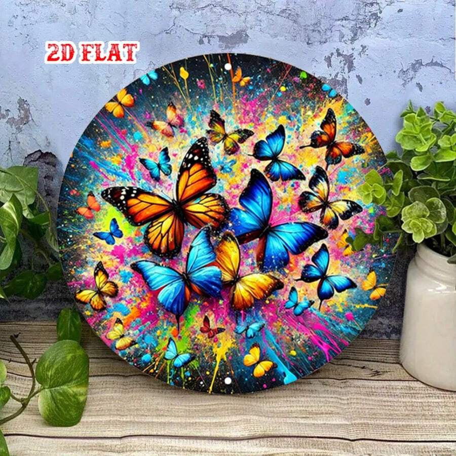 2D Flat Single-Piece Colorful Butterfly With Vibrant Ink Splatter Effect, Modern Art Round Sign With Bold Colors, Perfect For Home, Office, Cafe Decor, Pre-Drilled Holes, Style As Shown In Size Chart - Multicolor - View 1