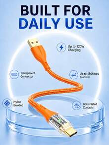 Kabel Pengisian Cepat USB A ke USB C 120W, Kabel Pengisi Daya Tipe C dengan Transfer Data 480Mbps, Kabel Data USB-C Jalinan Nilon untuk Ponsel, Tablet, dan Power Bank - Jeruk - View 5