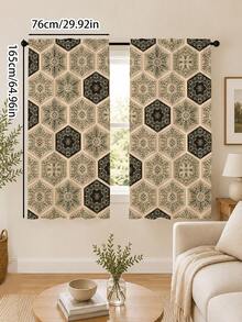2PCS, Bohemian Hexagonal Floral Curtains, Vintage Mandala Tile Pattern Window Fabric, Pastoral Bohemian Style Living Room Bedroom Kitchen Decor - Multicolor - View 15