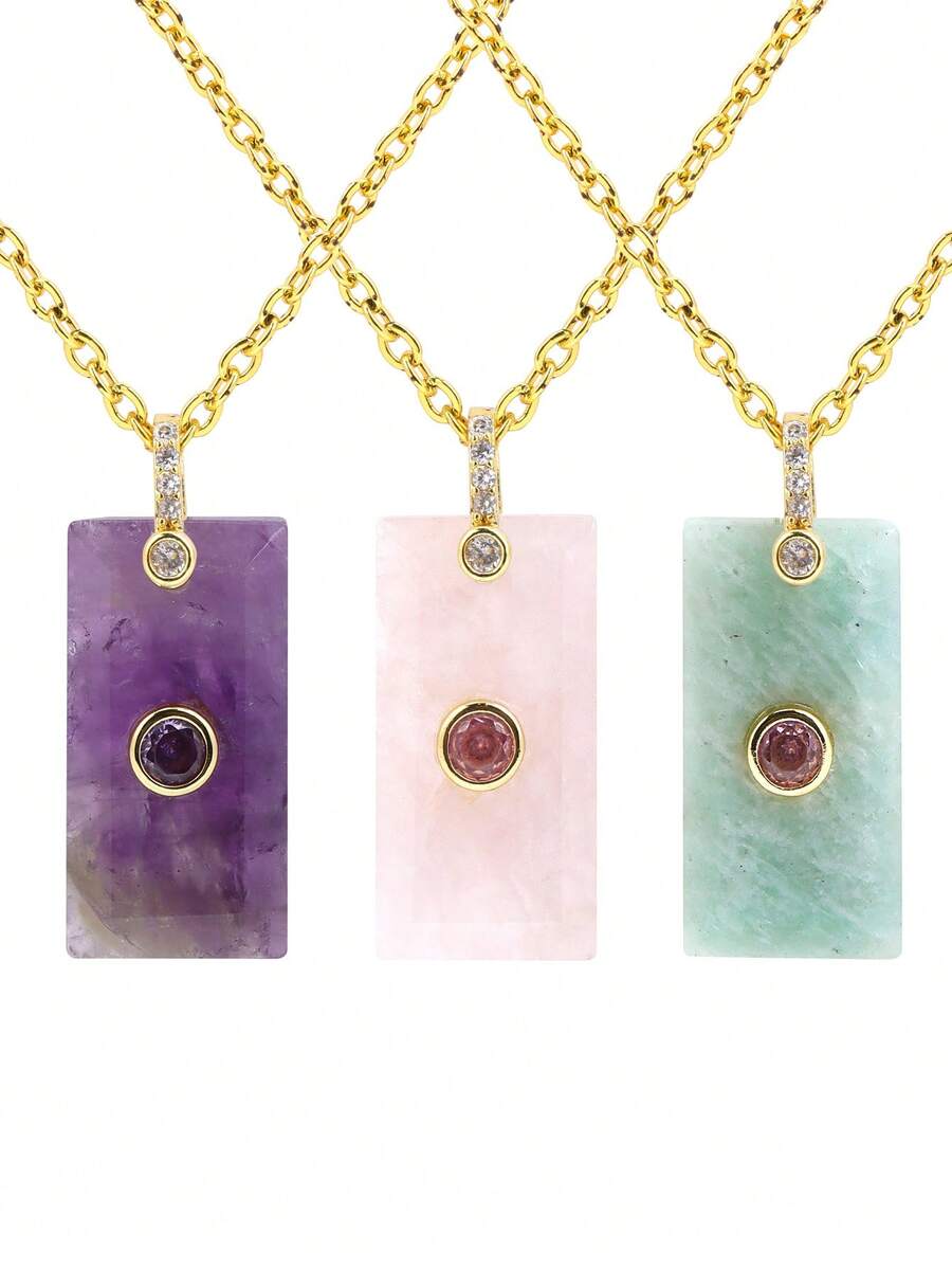 1pc Women's Amethyst Necklace Crystal Rectangle Pendant With Zirconia Natural Stone Stainless Steel Chain Fashion Jewelry H936 - Necklace - View 1