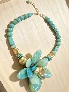 Turquoise‑Green Beaded Statement Choker, Large Flower Pendant Necklace With Gold Accent, Boho Bold Collar Jewelry For Women Vacation Party Daily Wear - Multicolor - View 2