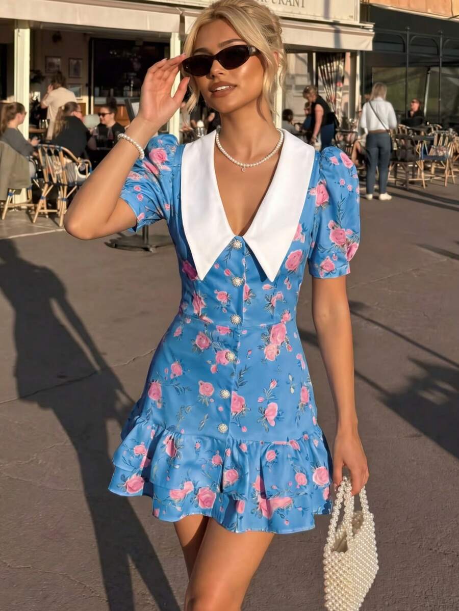 春夏街头风休闲翻领前襟纽扣后背扎染印花连衣裙,西式、波西米亚风、音乐节、度假、仙女风,优雅女装 - 藏蓝色 - 查看 1