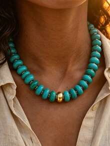 1pc Vintage Elegant Bohemian Style Women's Oval Turquoise Acrylic Beaded Necklace, Suitable For Daily Wear And Vacation, Perfect Gift Choice - Turquoise - View 9