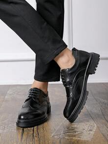 Men's New Round Toe Breathable British Style Thick Sole Height Increasing Lace-Up Casual Daily Work Business Leather Shoes - Black - View 11