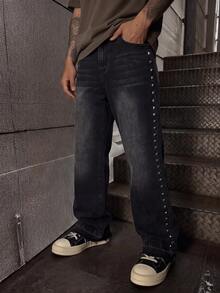 Y2K American Street Style Side Rivet Denim Jeans, Washed Distressed Frayed Hem Long Pants For Men - Black - View 2