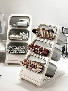 3-Tier Large Capacity Makeup Brush Holder/Dust-Proof Makeup Brush Rack/Portable Travel Cosmetic Storage Tube (Brushes Not Included), With Slanted Compartments, Space-Saving For Desk, Office And Craft Room; Multi-Functional Storage Box, Can Store Markers, Pencils, Pens, Paintbrushes And Lipstick Tubes - Multicolor - View 2