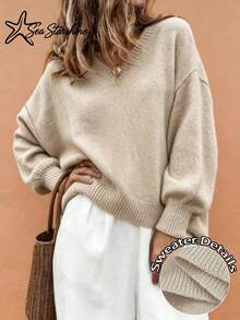 Sea Starshine Sweater Rajut Wanita Model Terbaru Musim Gugur/Dingin, Warna Polos, Leher V, Lengan Lentera, Sweater Pendek Longgar Lembut, Sweater Kasual Amerika untuk Berkomuter - Aprikot - View 2