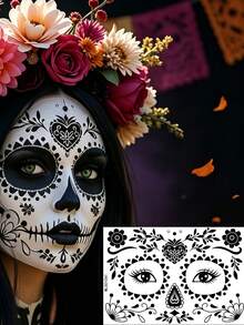 12 Sheets Halloween Sugar Skull Face Temporary Stickers, Day Of The Dead Floral Skull Full Face Stickers, Cosplay Festival Party Face Decorations - Black - View 6