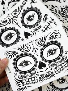 12 Sheets Halloween Sugar Skull Face Temporary Stickers, Day Of The Dead Floral Skull Full Face Stickers, Cosplay Festival Party Face Decorations - Black - View 10