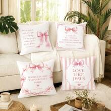 MEMNUN 4pcs Pink Bow Bible Verse Printed Pattern Decorative Cushion Cover [Pillow Insert Not Included], 40*40cm/45*45cm/50*50cm, [Single-Sided Print] Made Of Polyester Material Striped Wreath Bow Bible Quote Cushion Cover Room Decor, Home Decor, Bedroom Decor, Room Decoration Stuff For Sofa, Bed, Living Room, Bedroom, Car, Office, Hotel Decoration Throw Pillow Covers All Seasons Perfect Gift For Family And Friends - Multicolor - View 9