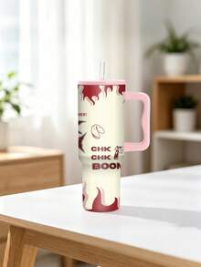 1pc/5pcs 40oz Red Flame CHK BOOM Letter Print Handle Travel Mug, Double-Wall Stainless Steel Large Capacity Cup, Street Style Pattern, Suitable For Office And Road Trips - Multi-color-flame - View 12