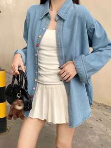 Korean Style Lazy Colorful Button Denim Shacket Women Early Autumn Niche Elegant Lapel Long Sleeve Top - Blue - View 6