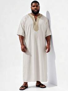 Plus Size Men's Casual Fashion Long Patchwork Customized Embroidered Collar Minimalist Elegant Commute Versatile Unique Short Sleeve Robe - Apricot - View 1