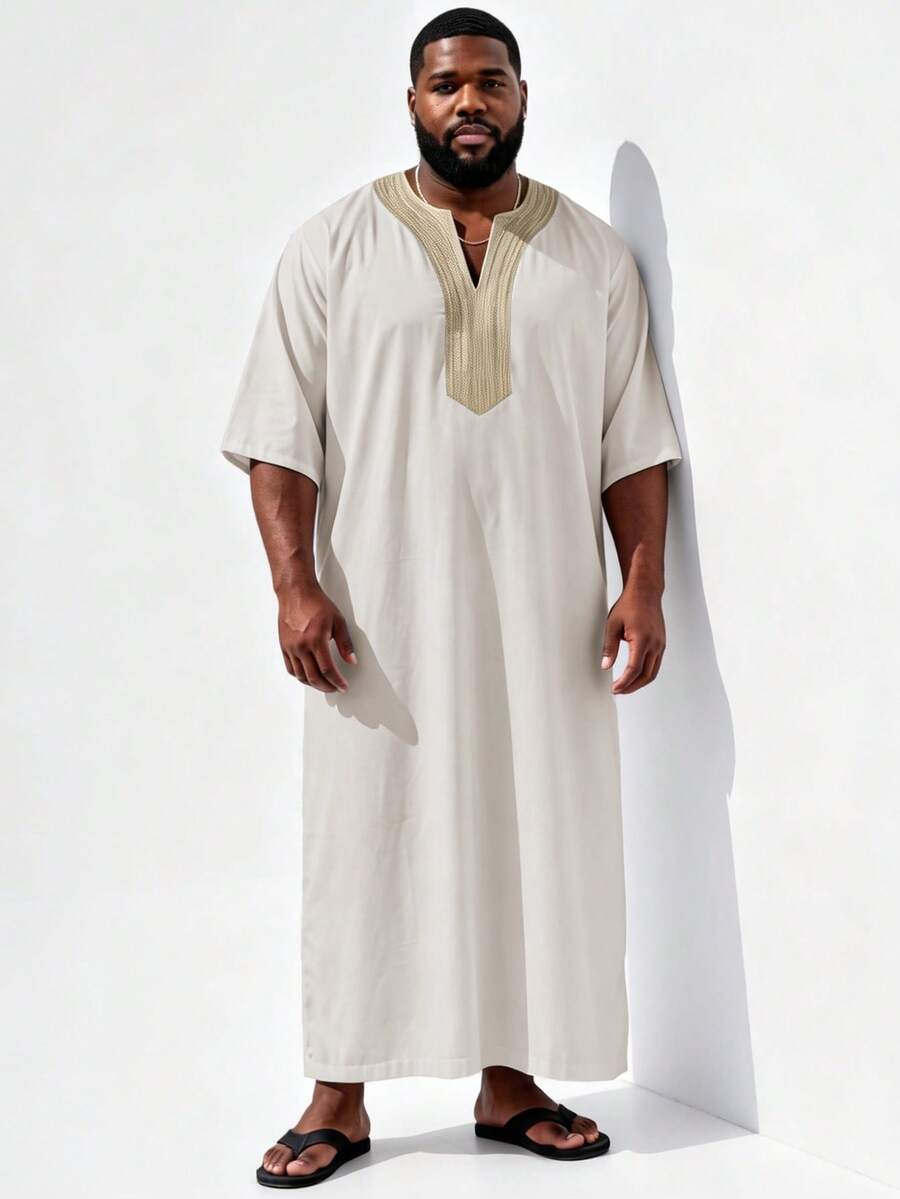 Plus Size Men's Casual Fashion Long Patchwork Customized Embroidered Collar Minimalist Elegant Commute Versatile Unique Short Sleeve Robe - Apricot - View 1
