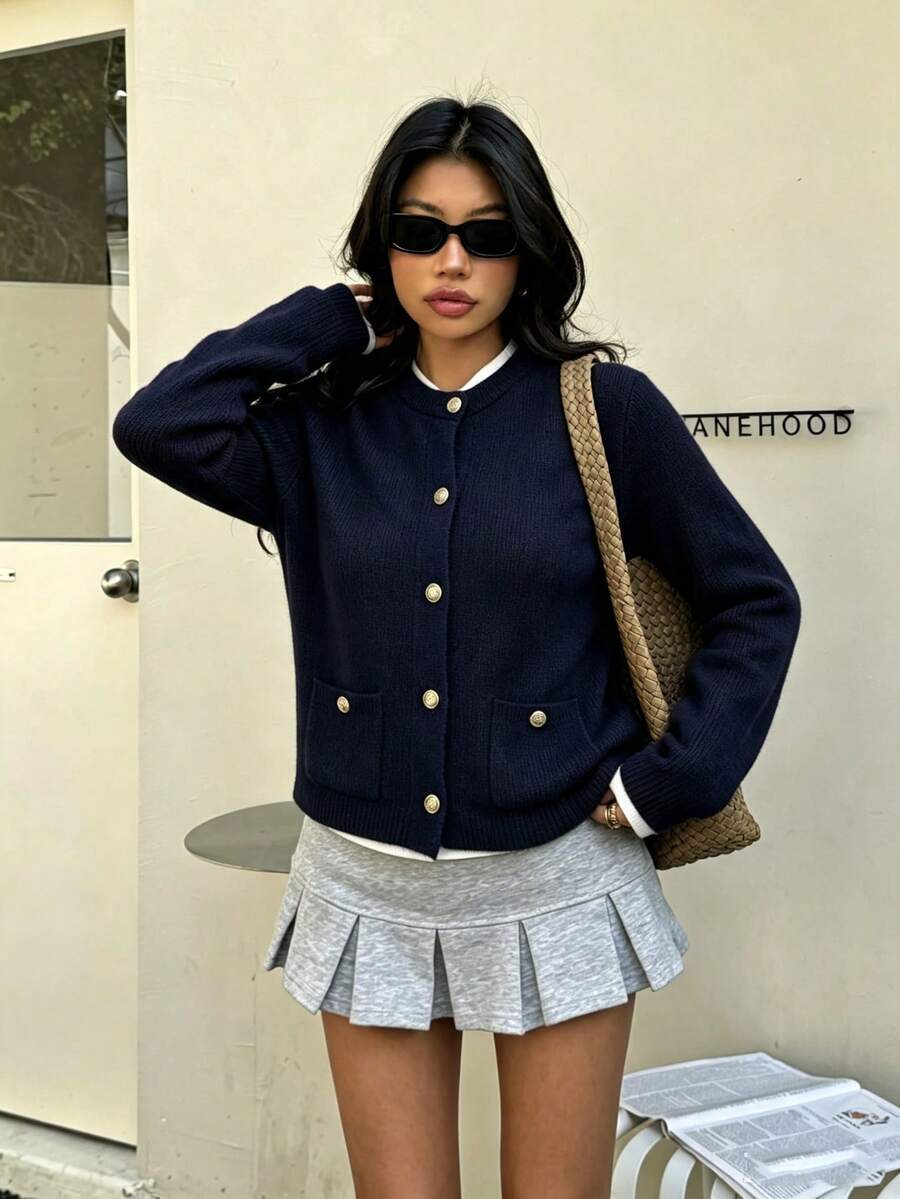 Cárdigan de punto de unicolor casual de mujer con decoración de botones dorados, para primavera/otoño - Azul Marino - Ver 1