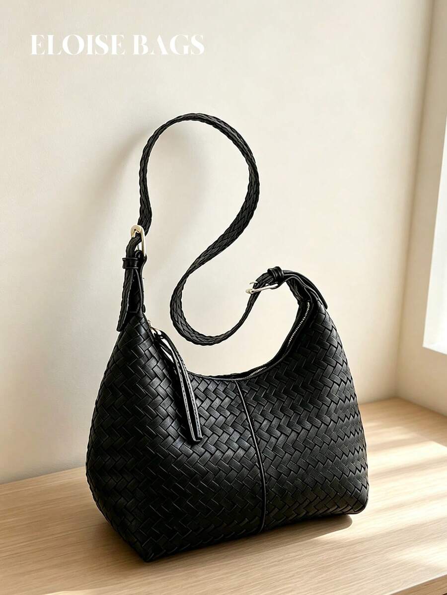 High-End Black Woven Texture Women's Tote Bag, Large Capacity, Adjustable Shoulder Strap, Shoulder, Commute, Large Size