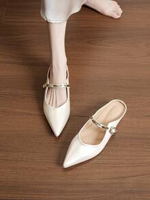 Sepatu Balet Model Prancis Terbaru dengan Ujung Lancip, Dekorasi Logam, dan Hak Wedges 3cm, Sepatu Mule Elegan untuk Berpergian - putih keperakan - View 4