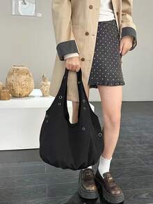 Fashionable Slouchy Lightweight Large Capacity Tote Bag Niche Design Versatile Outing Commute Shoulder Handbag - Black - View 8