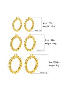 1pc European & American Style Thick Twisted Rope Hoop Earrings, Copper Plated Gold Hollow Lightweight Clip-On Ear Rings, Premium Versatile Commute & Vacation Earrings For Women, 3 Sizes Available - Gold - View 3