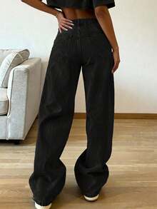 Plus Size Women Retro Minimalist Elastic Waist Loose Straight Leg Jeans Casual Black Fall - Black - View 4