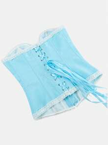 Women's Floral Lace Trim Corset Top, Waist-Cinching Body-Shaping Bustier, Sexy Jacquard Vintage Corset, Halloween Costume, Cosplay, Blue Corset Top - Mint Blue - View 7