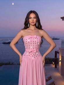 New Pink Sexy Sleeveless Backless Heavy Rhinestone Bow Mesh Patchwork Bandage Long Dress, Elegant Women's Formal Evening Gown - Pink - View 3