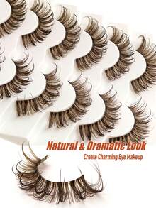 Sibeuna 7 Pairs Wet Glossy Manga Espresso Brown Tipped False Eyelashes, Transparent Band, Seamless Comfortable 3D Fluffy Dense Dramatic Cat Eye Lashes, 15-20mm, Reusable, Beginner Friendly, Curly Slim Eyelash Extensions Makeup Tool, Mocha Brown, Wet Look Lashes - Brown - View 5