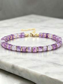 Bohemian Style Amethyst Square Bead Wealth Bracelet, Handmade Natural Gemstone Skin-Friendly Jewelry, Suitable For Different Wrist Sizes, Best Choice For Mother's Day Gift - Purple - View 4