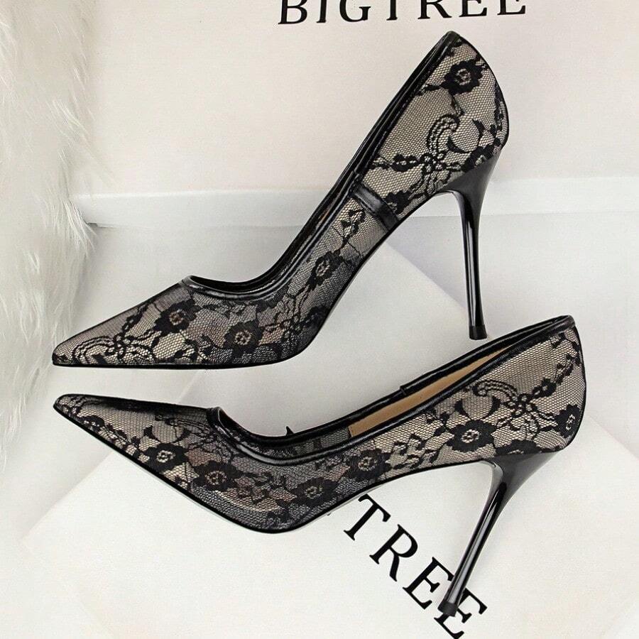 Women Black Floral Lace Mesh Pointed Toe Stiletto Pumps, Sheer See‑Through Slip‑On High Heel Dress Shoes For Wedding Party Club Evening - Negro - Ver 1