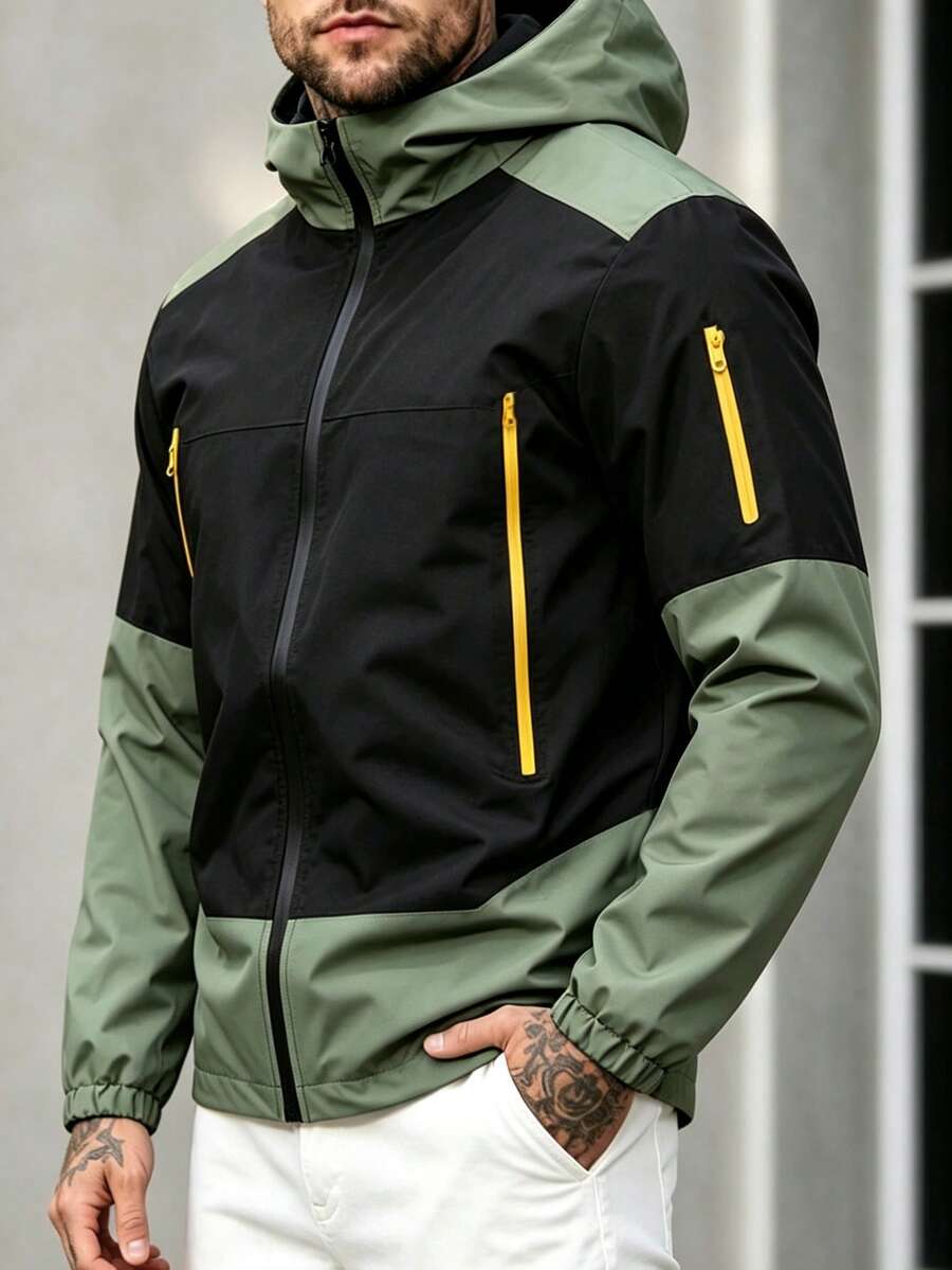 New Men's Casual Contrast Color Hoodie Jacket , Fall - Army Green - View 1