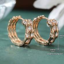 1 Pair Fashionable Exquisite Gold Round Hoop Earrings With Bamboo Design, Slightly Inlaid With White Synthetic Zirconia - Gold - View 4