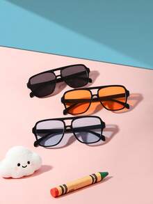 1set 3PCS Kids 9‑14Y Double‑Bridge Pilot Frame Gradient Lens PC Frame Fashion Glasses For Summer Outdoor Daily All‑Season Use With Glasses Box - Multicolor - View 3