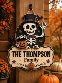 Custom Halloween Skeleton Family Door Sign, Spooky Personalized Wooden Hanging Plaque, Rustic Wall Decor, Customized Name Sign For Front Door, Porch & Entryway, Customizable Holiday Party Decoration, Fall Gift, Home Decor, Living Room Decor, New Home - Style C - View 5