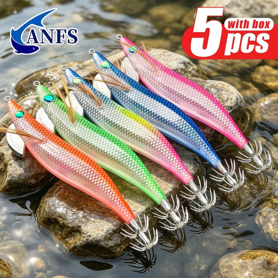 ANFS 5pcs Set Umpan Udang EGI Horizontal Jig Cumi-cumi untuk Memancing di Laut, Gurita, Sotong, dan Ikan Laut Lainnya