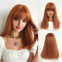 20-Inch Medium-Length Orange Wig Synthetic Straight Wig With Bangs, High Density Heat-Resistant Fiber Natural Fluffy Wigs For Women Daily Party Wear, Halloween Cosplay Use - 橘色 - 查看 11