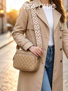 Solid Color Rhombus Quilted Small Square Shoulder Bag With Layered Inner Pockets, Zipper Closure, Versatile Crossbody Bag For Daily Commute, Work, Campus, Shopping, Travel And Outings - Khaki - View 8