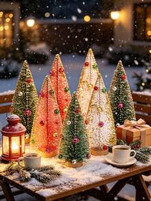6pcs Set Artificial Three-Color Bell Christmas Tree, Bottle Brush Christmas Tree With Wooden Base, Christmas Decoration, Christmas Party Home Desktop Handmade Decor, Winter Holiday Decoration, Christmas Table Centerpiece - Multicolor - View 5