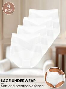 MEIYATING 4pcs/Pack Women's Mid-To-High Waist Cotton Panties, Tummy Control & Butt Lifting Triangle Briefs, Cross-Front Fitted - White - View 7