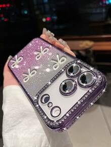 奢華可愛閃粉水鑽蝴蝶結相機保護手機殼，適用於 iPhone 17 Pro Max 17 Pro 17 16 Pro Max 16 Pro 16 15 Pro Max 15 Pro 15 14 13 17Air，波浪邊軟殼，適合女生禮物 - 紫色 - 查看 5