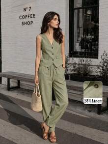 Women's Casual Linen Button Vest And Drawstring Waist Pants Set, Spring/Summer/Autumn - Army Green - View 1