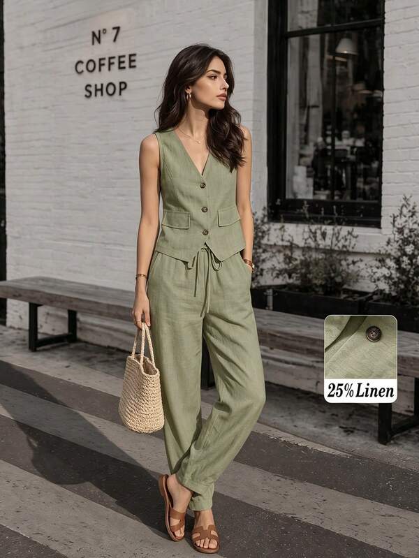 Women's Casual Linen Button Vest And Drawstring Waist Long Pants Set, Spring/Summer