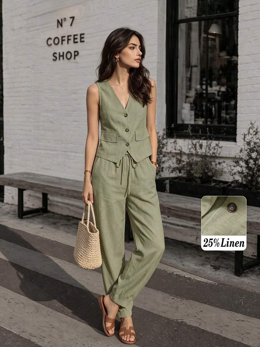 Women's Casual Linen Button Vest And Drawstring Waist Pants Set, Spring/Summer/Autumn - Army Green - View 1