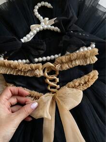 女嬰黑色細肩帶蝴蝶結網紗公主洋裝，適合生日派對、萬聖節造型、花童婚禮禮服及重要場合穿著 - 黑色 - 查看 5